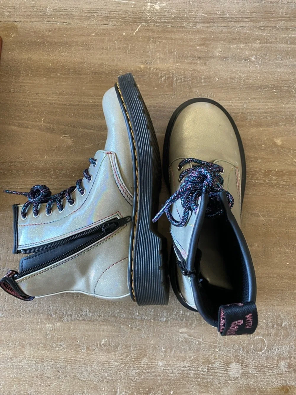 Dr. Martens Kids Pearl White Lace-Up Ankle Boots with Multicolor Laces